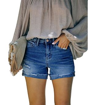 Women's Mid Rise Distressed Denim Shorts Rolled Raw Cuff Hem Classic Five Pocket Casual Jean Shorts