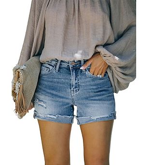 Women's Mid Rise Distressed Denim Shorts Rolled Raw Cuff Hem Classic Five Pocket Casual Jean Shorts