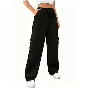 Women's Drawstring Elastic Waist Cargo Sweatpants Side Pocket Wide Leg Loose Fit Casual Jogger Pants
