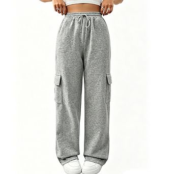 Women's Drawstring Elastic Waist Cargo Sweatpants Side Pocket Wide Leg Loose Fit Casual Jogger Pants