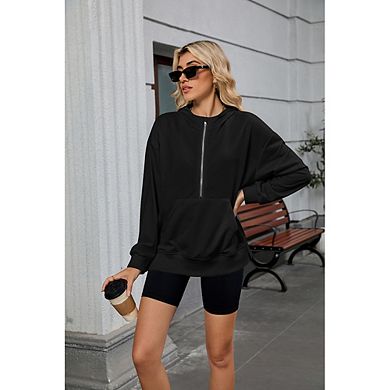 Half Zip Hoodie Sweatshirt, Oversized Side Split Long Sleeve Casual Pullover for Women