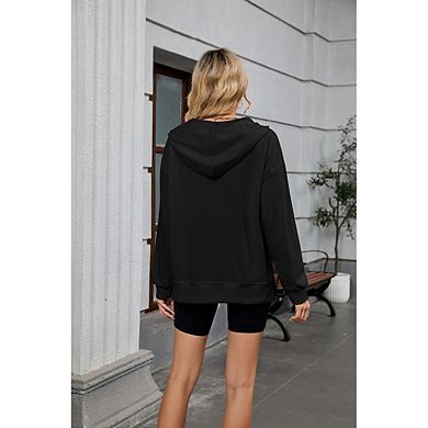 Half Zip Hoodie Sweatshirt, Oversized Side Split Long Sleeve Casual Pullover for Women