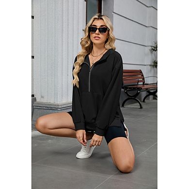 Half Zip Hoodie Sweatshirt, Oversized Side Split Long Sleeve Casual Pullover for Women
