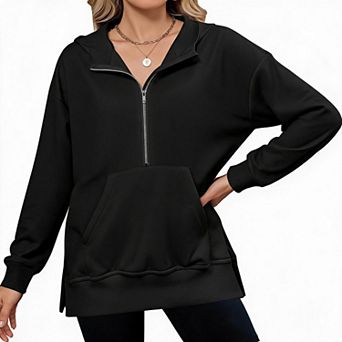 Half Zip Hoodie Sweatshirt, Oversized Side Split Long Sleeve Casual Pullover for Women
