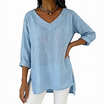 V Neck Rolled 3/4 Sleeve Linen Tunic Top, Side Split Loose Casual Blouse for Women