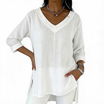 V Neck Rolled 3/4 Sleeve Linen Tunic Top, Side Split Loose Casual Blouse for Women