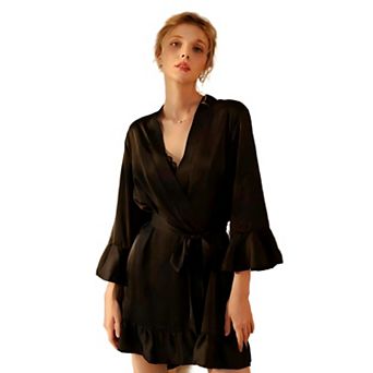Women's Satin Robes Silk Kimono Bath Robe Short Ruffled Hem Bride Bridesmaid Sleepwear