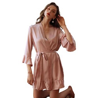 Women's Satin Robes Silk Kimono Bath Robe Short Ruffled Hem Bride Bridesmaid Sleepwear