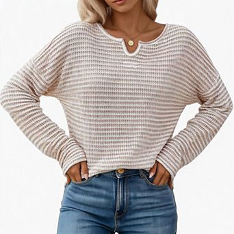 Women's Striped Long Sleeve Knit Top Notch V Neck Loose Fit Casual Pullover Blouse Shirts