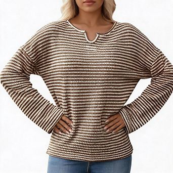Women's Striped Long Sleeve Knit Top Notch V Neck Loose Fit Casual Pullover Blouse Shirts