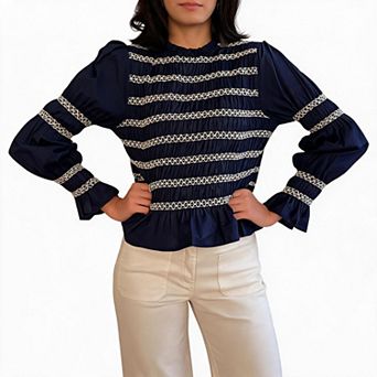 Women's Ruffled High Neck Smocked Blouse Puff Long Sleeve Peplum Striped Casual Top