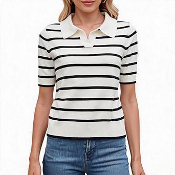 Women Striped Short Sleeve Polo Knit Top Lapel V Notch Collar Casual Pullover Shirt