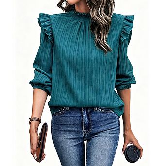 Women's Ruffle Mock Neck Textured Blouse Long Sleeve Elastic Cuff Casual Dressy Top