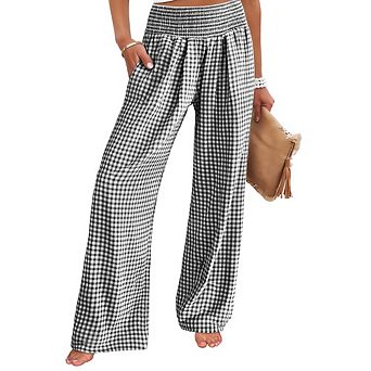 Women's Gingham Plaid Smocked High Waist Wide Leg Pants Side Pocket Loose Casual Vacation Trousers