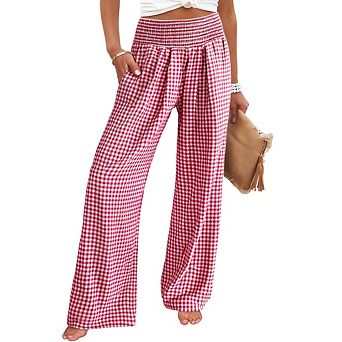 Women's Gingham Plaid Smocked High Waist Wide Leg Pants Side Pocket Loose Casual Vacation Trousers
