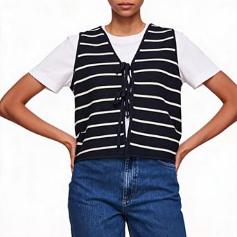 Women Sleeveless Knit Vest V Neck Front Tie Waistcoat Casual Striped/Solid Cropped Tank Top