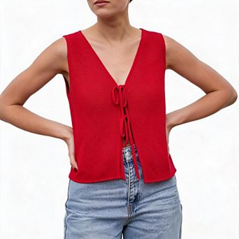 Women Sleeveless Knit Vest V Neck Front Tie Waistcoat Casual Striped/Solid Cropped Tank Top
