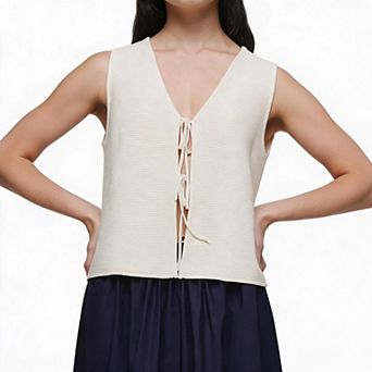 Women Sleeveless Knit Vest V Neck Front Tie Waistcoat Casual Striped/Solid Cropped Tank Top