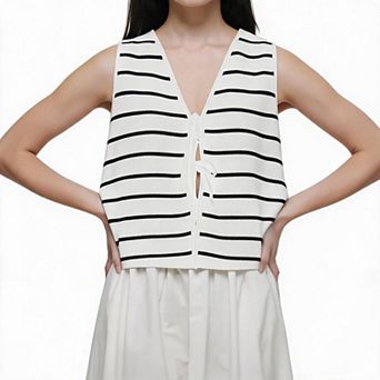 Women Sleeveless Knit Vest V Neck Front Tie Waistcoat Casual Striped/Solid Cropped Tank Top