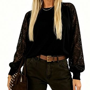 Women's Raglan Lace Long Sleeve Top Crew Neck Mixed Media Relaxed Casual Blouse