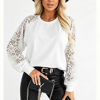 Women's Raglan Lace Long Sleeve Top Crew Neck Mixed Media Relaxed Casual Blouse