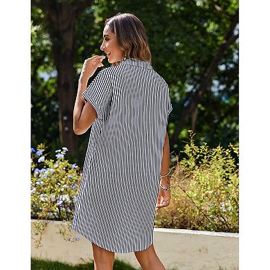 Collared Button Front Mini Dress Women's Short Sleeve Shirt Dress with Chest Pockets