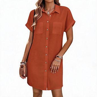 Collared Button Front Mini Dress Women's Short Sleeve Shirt Dress with Chest Pockets