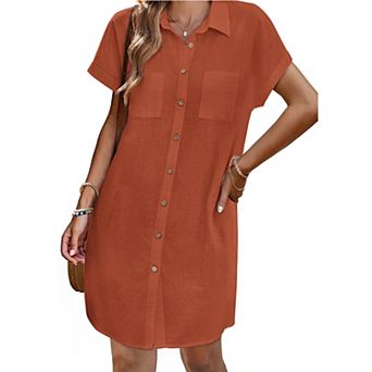 Women's Short Sleeve Shirt Dress, Collared Button Front Casual Mini Dress with Dual Chest Pockets