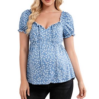 Women Square Neck Ruffle Short Sleeve Maternity Top Tie Front Peplum Pregnancy Blouse Casual Shirts