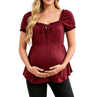 Women Square Neck Ruffle Short Sleeve Maternity Top Tie Front Peplum Pregnancy Blouse Casual Shirts