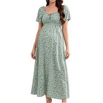 Maternity Square Neck Short Sleeve Maxi Dress Tie Front Floral Pregnancy Dress with Side Pockets