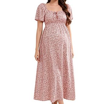 Maternity Square Neck Short Sleeve Maxi Dress Tie Front Floral Pregnancy Dress with Side Pockets