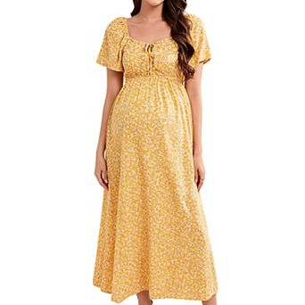 Maternity Square Neck Short Sleeve Maxi Dress Tie Front Floral Pregnancy Dress with Side Pockets