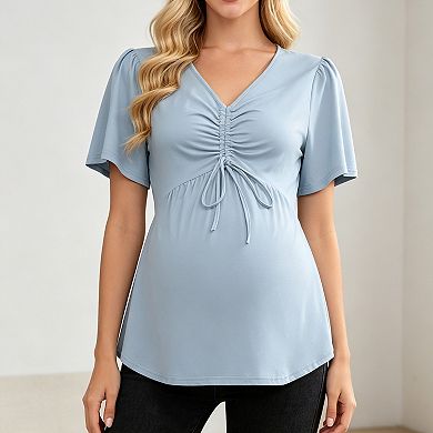 Maternity V Neck Short Sleeve Top Adjustable Front Ruched Drawstring Peplum Pregnancy Blouse