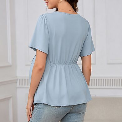 Maternity V Neck Short Sleeve Top Adjustable Front Ruched Drawstring Peplum Pregnancy Blouse
