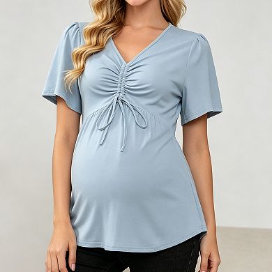 Maternity V Neck Short Sleeve Top Adjustable Front Ruched Drawstring Peplum Pregnancy Blouse