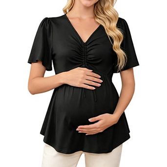 Maternity V Neck Short Sleeve Top Adjustable Front Ruched Drawstring Peplum Pregnancy Blouse
