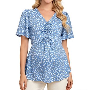 Maternity V Neck Short Sleeve Top Adjustable Front Ruched Drawstring Peplum Pregnancy Blouse