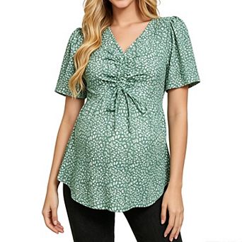 Maternity V Neck Short Sleeve Top Adjustable Front Ruched Drawstring Peplum Pregnancy Blouse