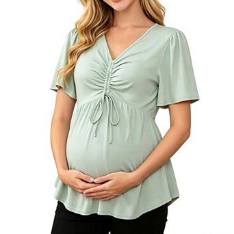 Maternity V Neck Short Sleeve Top Adjustable Front Ruched Drawstring Peplum Pregnancy Blouse