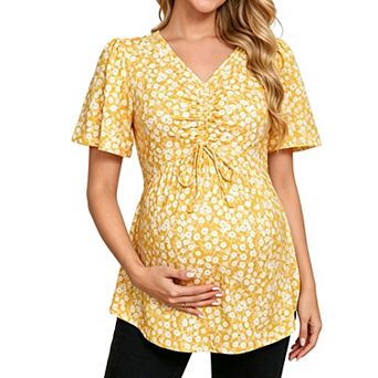 Maternity V Neck Short Sleeve Top Adjustable Front Ruched Drawstring Peplum Pregnancy Blouse