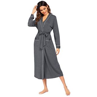 Ekouaer Womens Kimono Robes Full Length Knit Bathrobe Sleepwear V neck Casual Ladies Loungewear