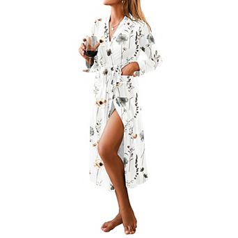 Ekouaer Womens Kimono Robes Full Length Knit Bathrobe Sleepwear V neck Casual Ladies Loungewear