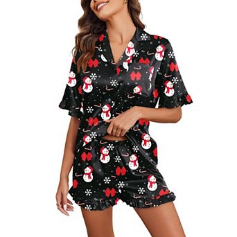 Ekouaer Satin Pajama Set Button Down Silk Two Piece Pajama Sets Ruffle Short Sleeve Sleepwear