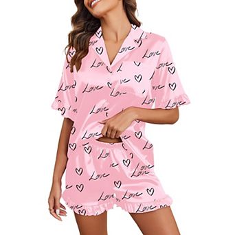 Ekouaer Satin Pajama Set Button Down Silk Two Piece Pajama Sets Ruffle Short Sleeve Sleepwear