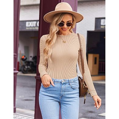 Ekouaer Womens Long Sleeve Shirts Crew Neck Fitted Ribbed Tops Base Layer Thermal Undershirts Tee