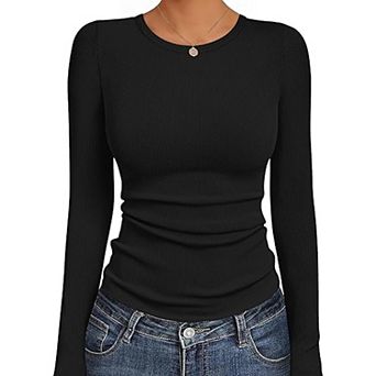 Ekouaer Womens Long Sleeve Shirts Crew Neck Fitted Ribbed Tops Base Layer Thermal Undershirts Tee