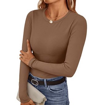 Ekouaer Womens Long Sleeve Shirts Crew Neck Fitted Ribbed Tops Base Layer Thermal Undershirts Tee