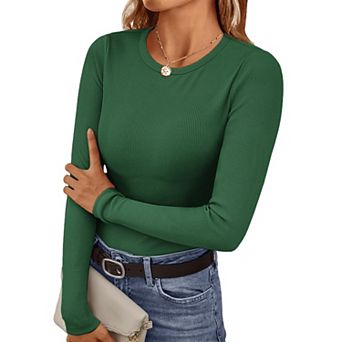 Ekouaer Womens Long Sleeve Shirts Crew Neck Fitted Ribbed Tops Base Layer Thermal Undershirts Tee
