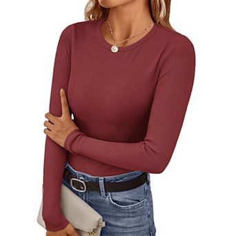 Ekouaer Womens Long Sleeve Shirts Crew Neck Fitted Ribbed Tops Base Layer Thermal Undershirts Tee